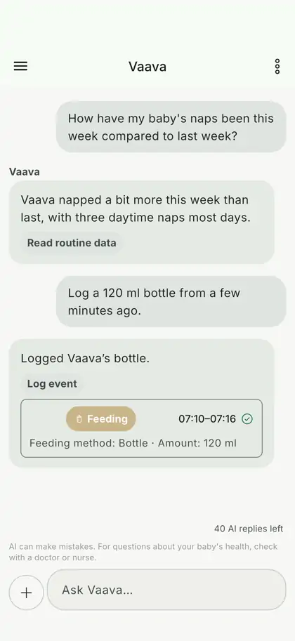 Chat Vaava AI a responder a partir dos registos do bebé