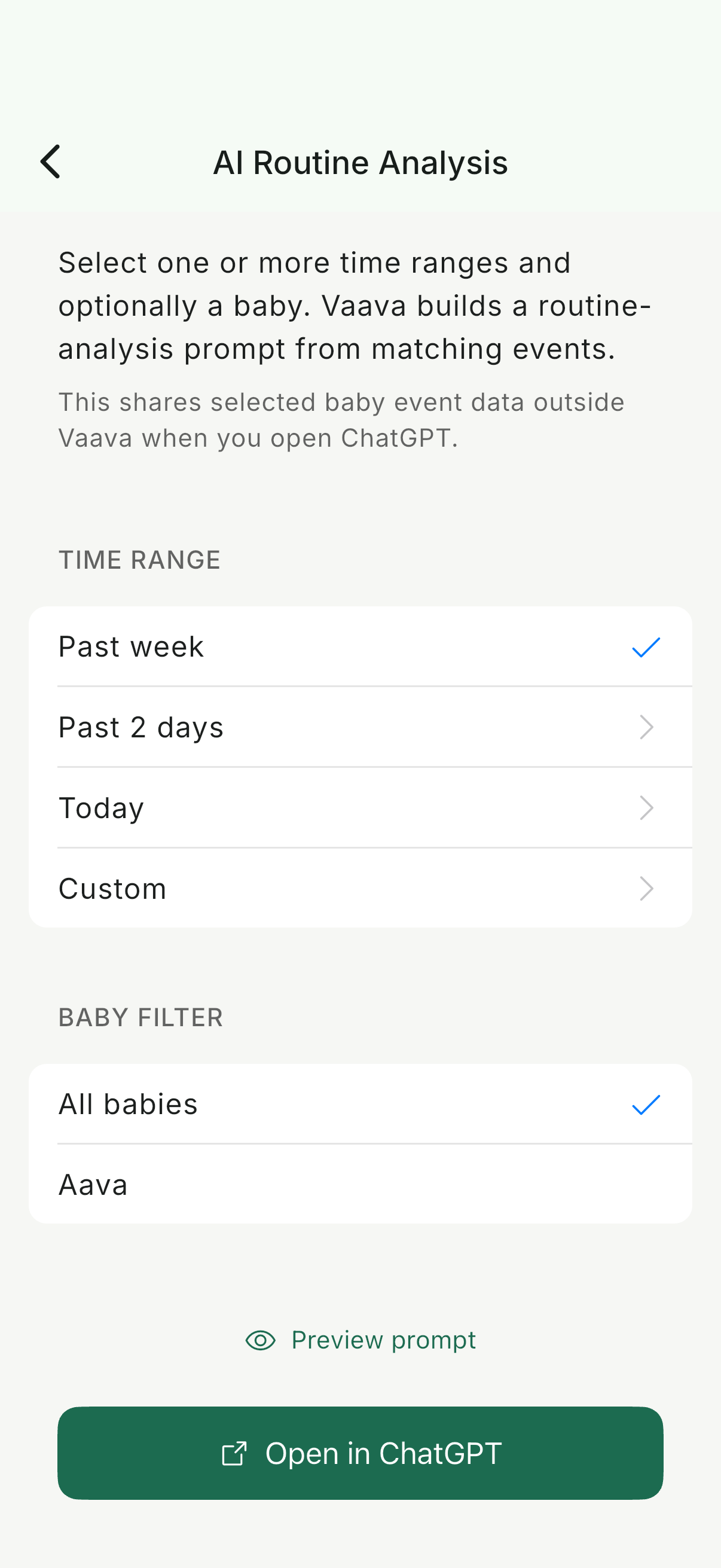 Vaava AI-assisterad prompting skärm