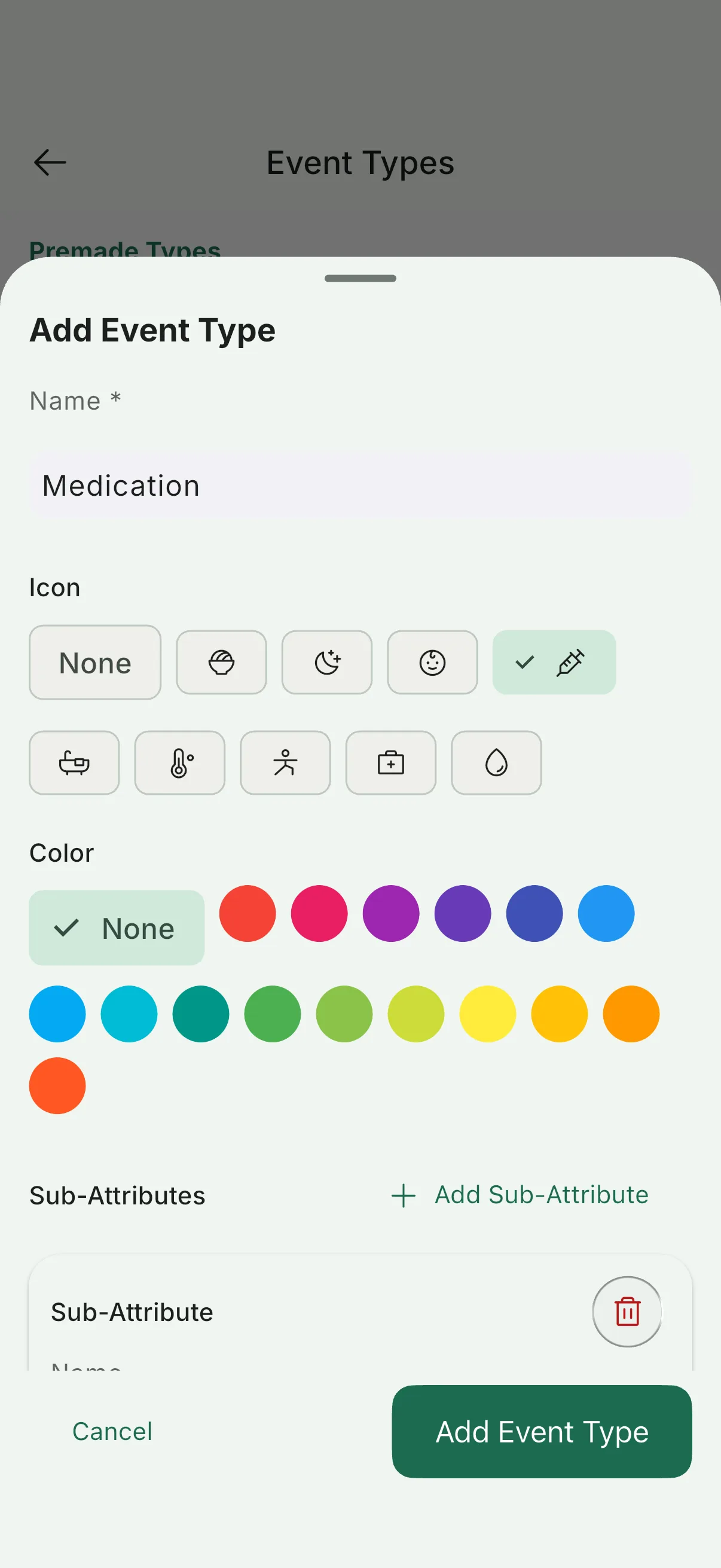 Vaava anpassad händelsetypväljare som visar redigerbara händelsekategorier