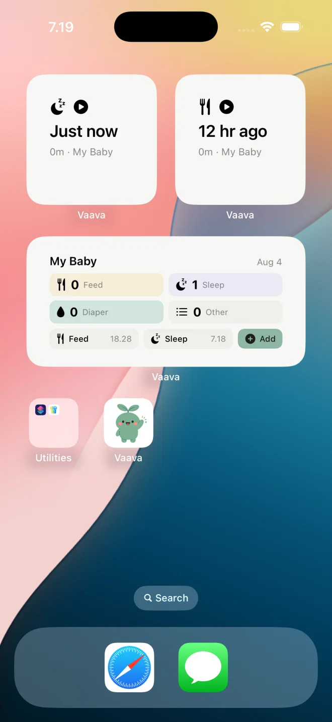 Widgets de Vaava en la pantalla de inicio con el resumen diario del bebé