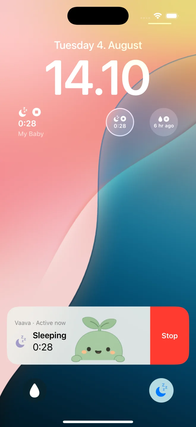 Pantalla bloqueada de Vaava con una Live Activity de sueño activa y widgets